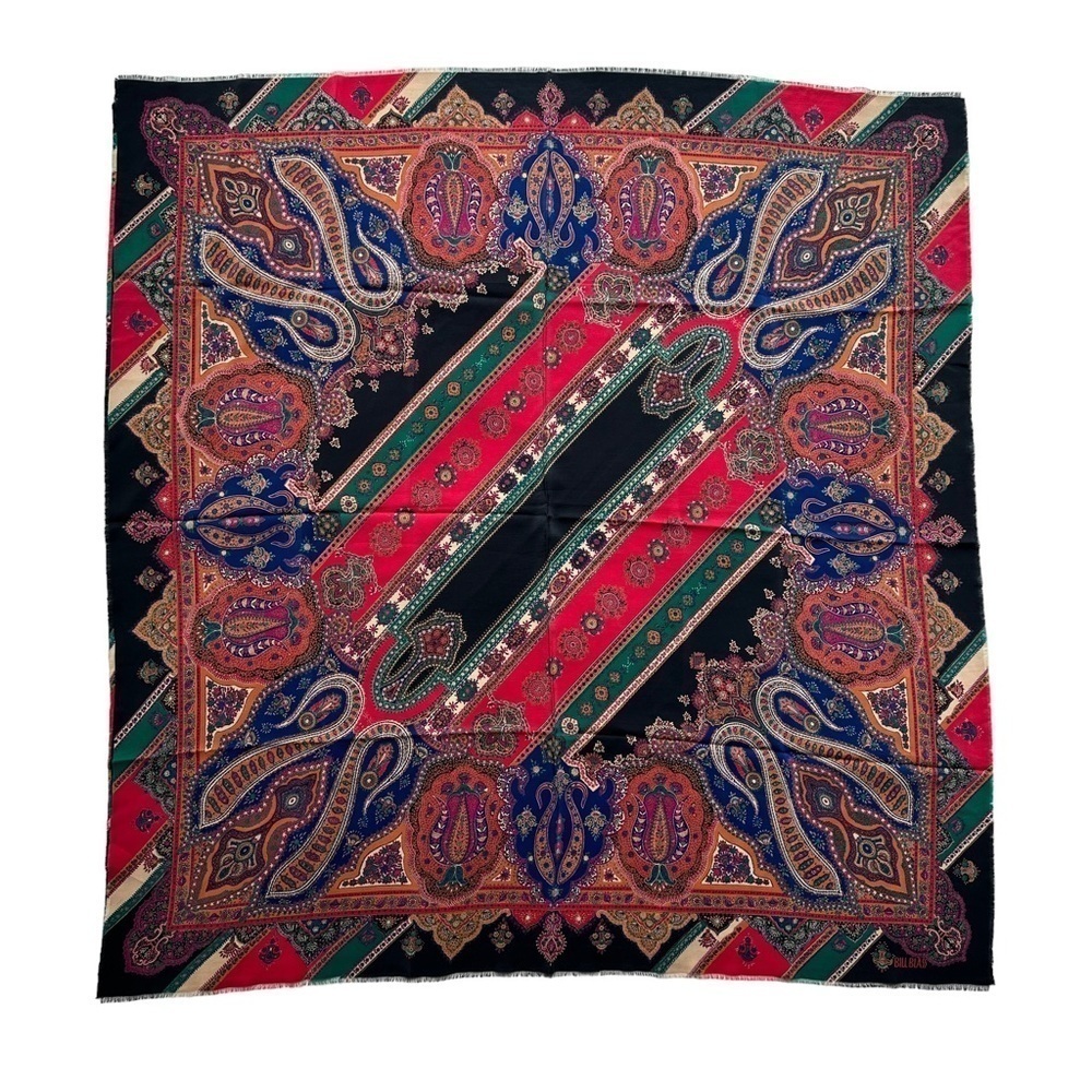 Vintage Bill Blass Paisley Print Eyelash Fringe Silk Scarf